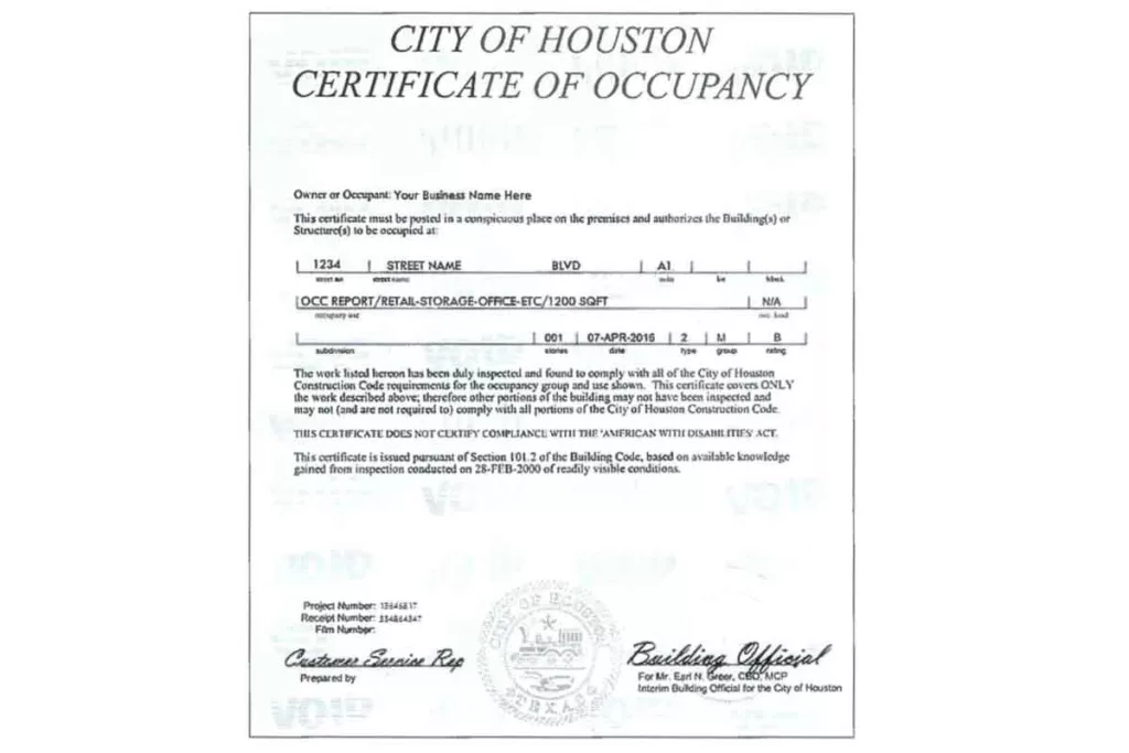 Houston Certificate of Occupancy